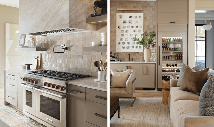 A Wolf range is centered within this kitchen in front of a beautifully textured wall. A Sub-Zero Classic refrigerator is the kitchen's main staple, contrasted by a texture wall behind it.