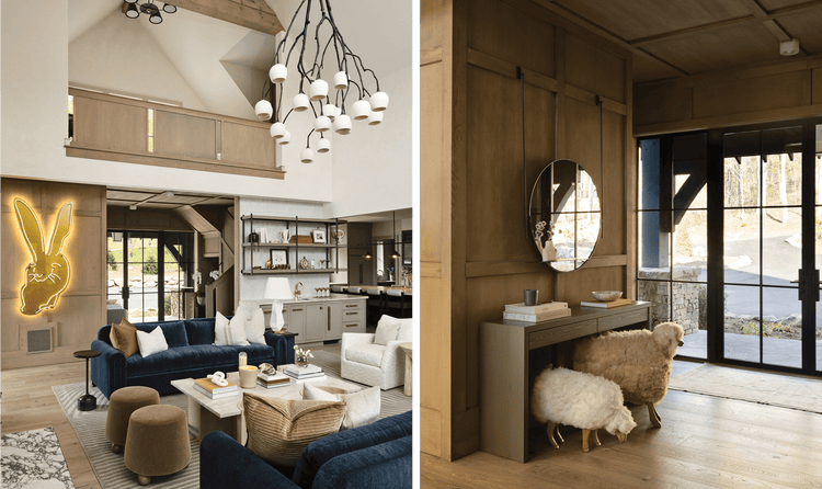 On the left, an open-space living room design. On the right, the interior front entrance of this North Carolina home.