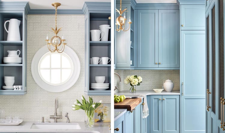 Left: A charming mini-chandelier hangs just above the pantry's porthole-style window. Right: The nearby pantry beckons with a brighter hue of blue.