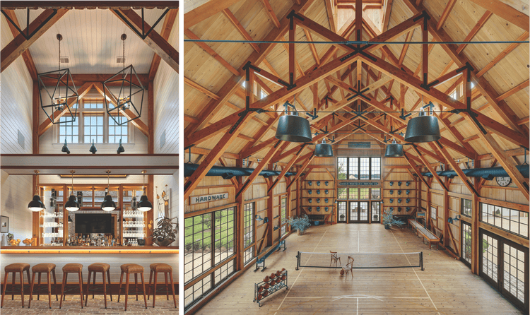 A barn on the property features a multi-use sports facility, while a bar features a creative lighting fixture.