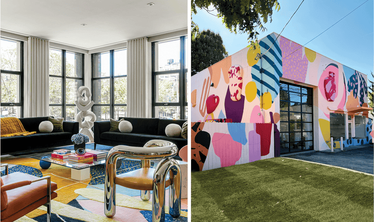 Pictured left, the interior of Studio Proba features unique furniture pieces; pictured right, the colorful exterior.