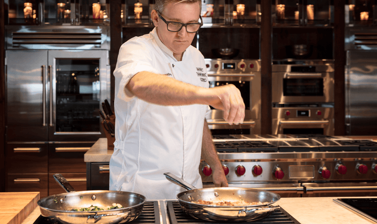 Joel Chesebro, Sub-Zero's Head Demonstration Chef worked with designer Mick De Giulio to create the stainless-steel kitchen.