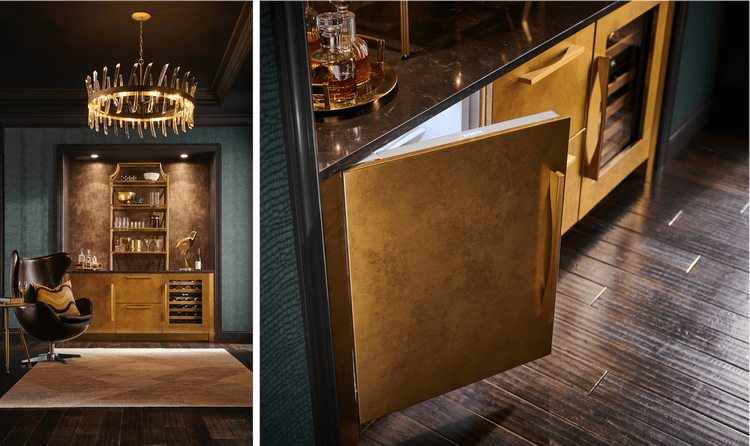 This golden space seamlessly hides Dual Sub-Zero Designer Undercounter Wine and Beverage Centers.