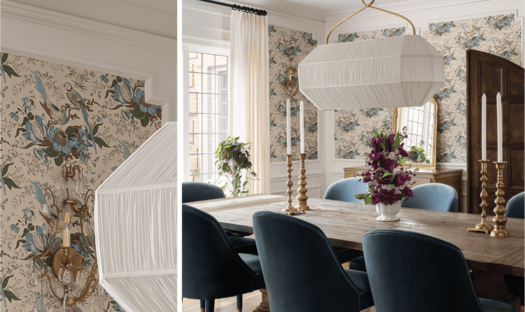 The dining room features 1960s-era wallpaper that inspired the color throughout the kitchen, butler's pantry, and main floor.