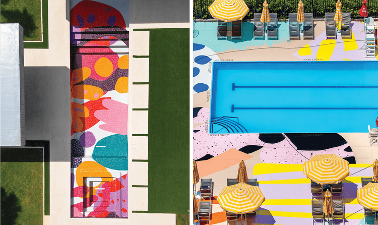 Two of Alex's creations: on the right, a creatively colored outdoor pool, and on the left is a colorful staircase.