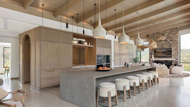 The central kitchen in Ezra Lee's family estate features multiple Sub-Zero, Wolf, and Cove luxury appliances.