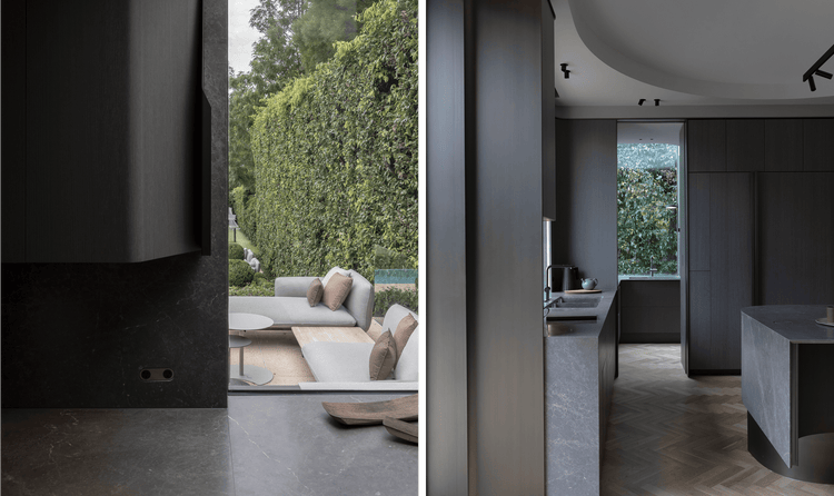 Additional perspectives of Amore's kitchen focused on windows illuminating the interior.