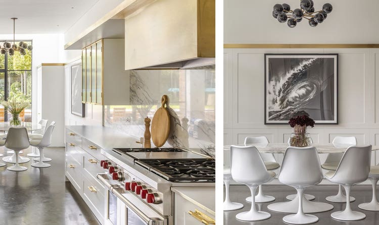 A brass box designed to go around Wolf range hood and a wall of floor-to-ceiling white cabinetry conceals all cookware and the Sub-Zero refrigerator and freezer