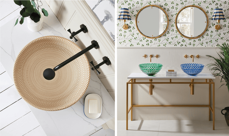A porcelain sink created by seasoned craftsmen lives in the center of this restroom. Sadie Sink and Lucia Sink in green and blue.