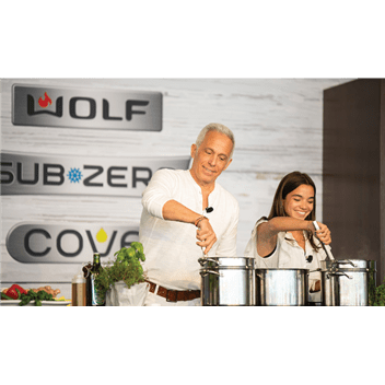 Chef Jeffrey Zakarian mixes up something delicious on a Wolf Cooktop.
