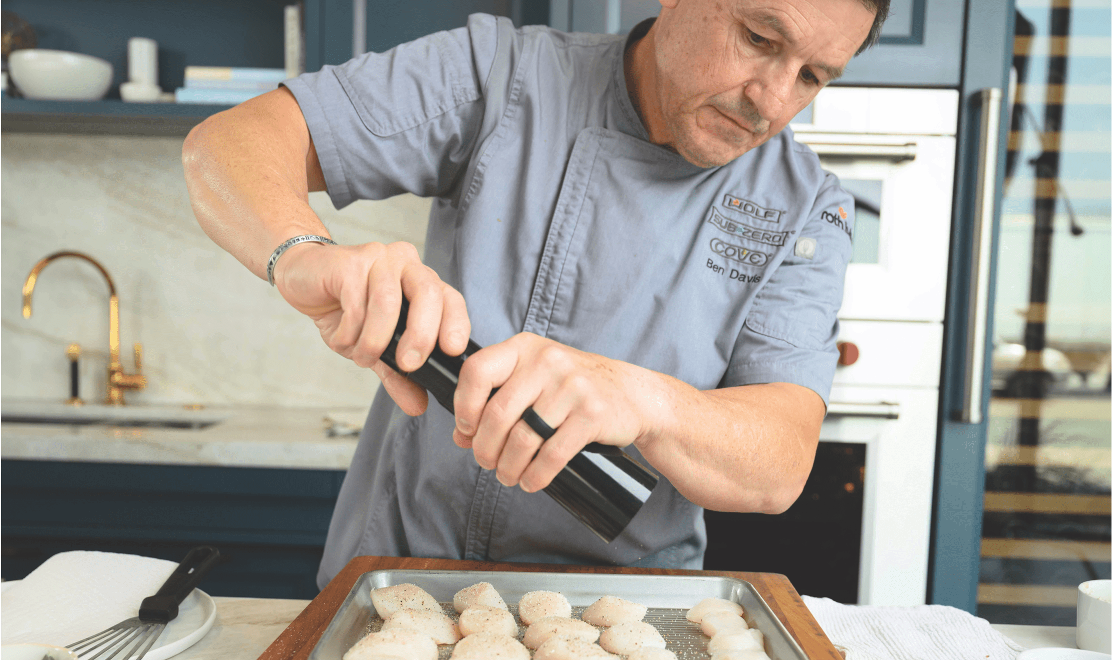 Sub-Zero, Wolf, and Cove Chef Ben Davis prepping a delicious meal based on seasonal and fresh ingredients.