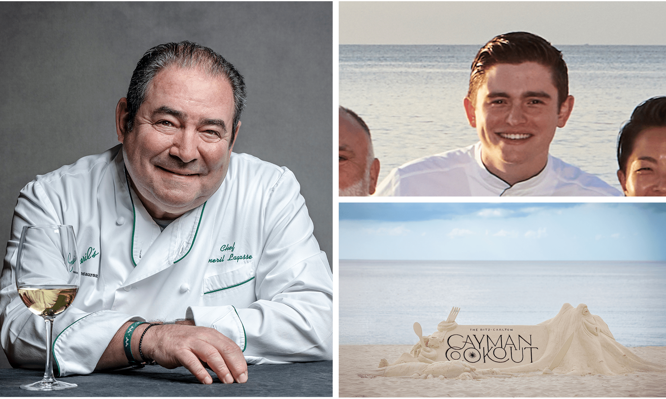 Left: Chef Emeril Lagasse. Top Right: Emeril's son, E.J. Lagasse. Bottom right: the Cayman Cookout hosted by the Ritz-Carlton.