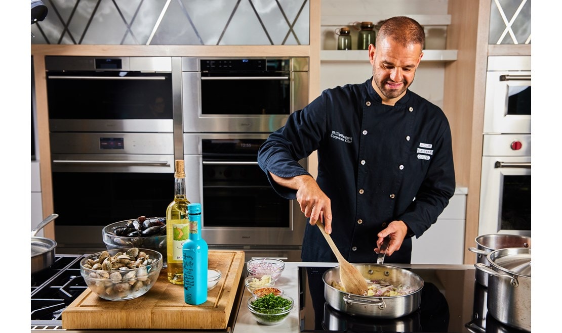 Chef Raspanti truly enjoys interacting with customers during demonstrations at the Sub-Zero, Wolf, and Cove showroom in Roslyn Heights, NY.