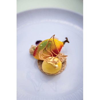 A fruit-shaped mousse with red, green, and yellow hues on a biscuit base, topped with sugar art and gold leaf.