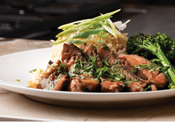 Glazed Teriyaki infused Rib of Beef with Steamed Coconut Fried Rice and Charred Sesame Broccoli