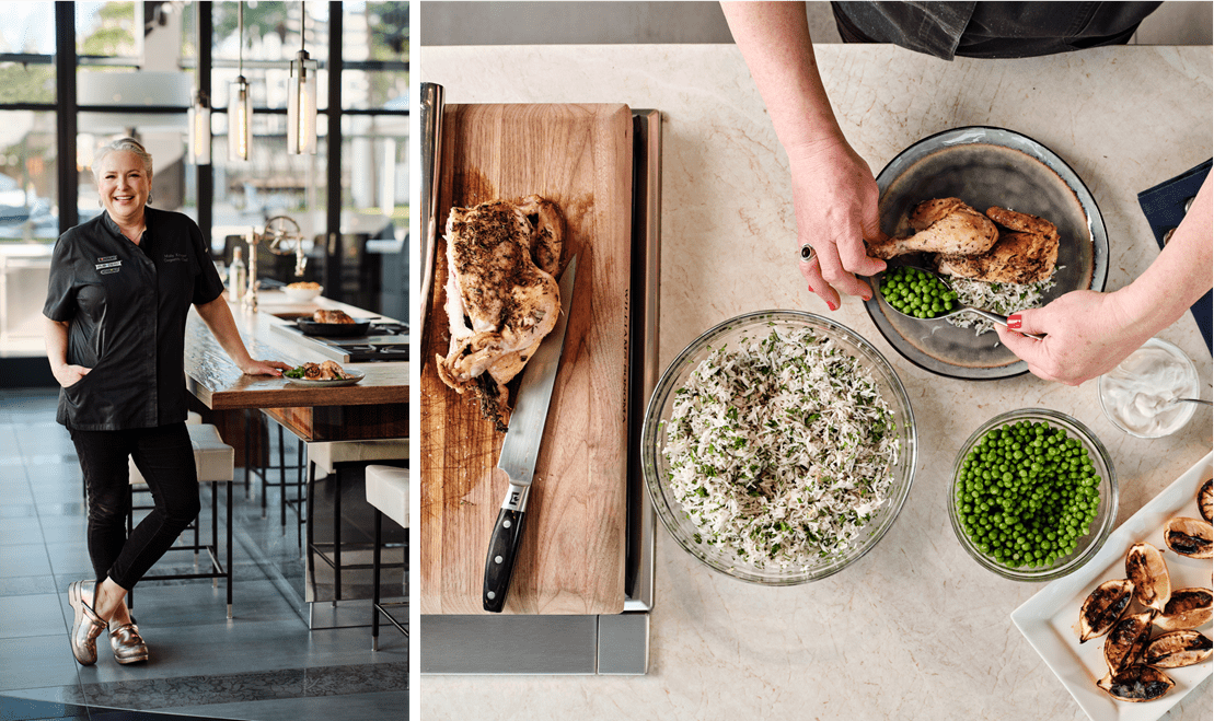 Sub-Zero, Wolf, and Cove Chef Molly Kruger preparing a roast chicken with herbed rice meal.