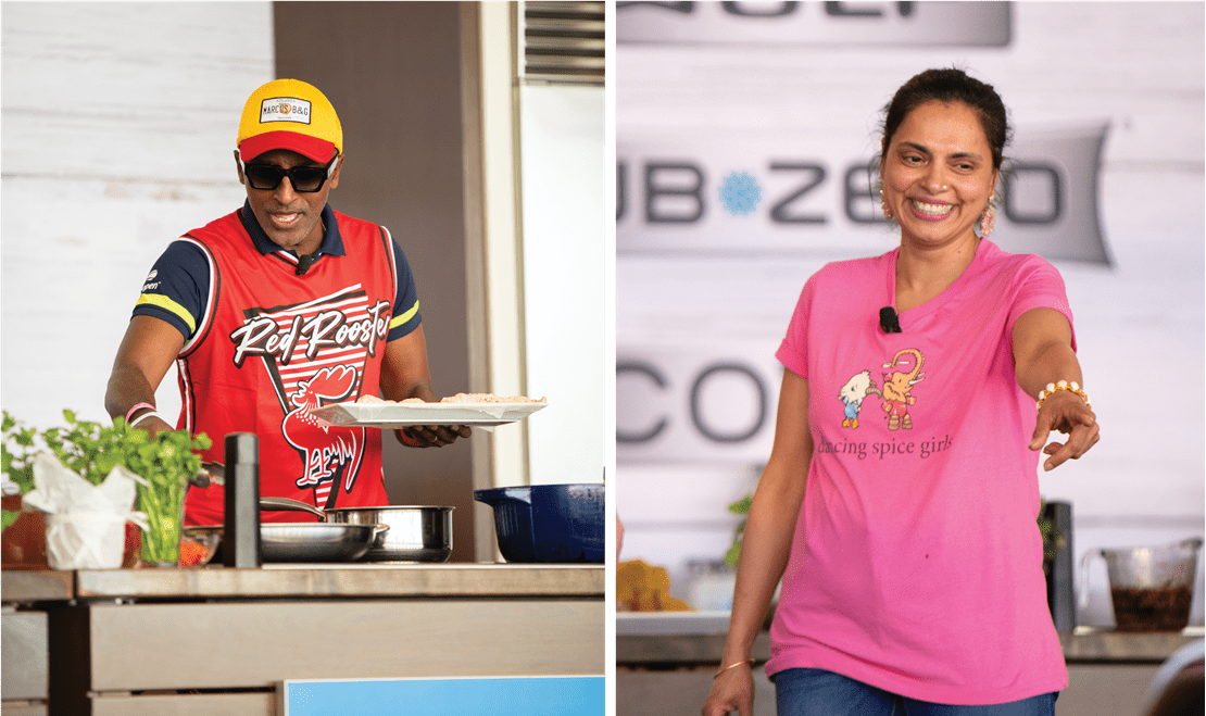 Marcus Samuelsson utilizing Sub-Zero, Wolf, and Cove products at the Grand Tasting Village. Chef Maneet Chauhan interacting with the crowd at the South Beach Wine & Food Festival.