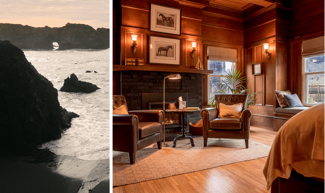 Left: a private beach cove view at the Harbor House Inn in Elk, California. Right: a relaxing, cozy private space for guests.