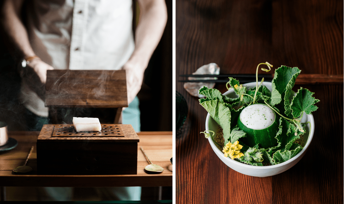 Left: Chef Matthew Kammerer cooking a delectable seafood-based entre using both fire and steam. Right: an up close view of the entre.
