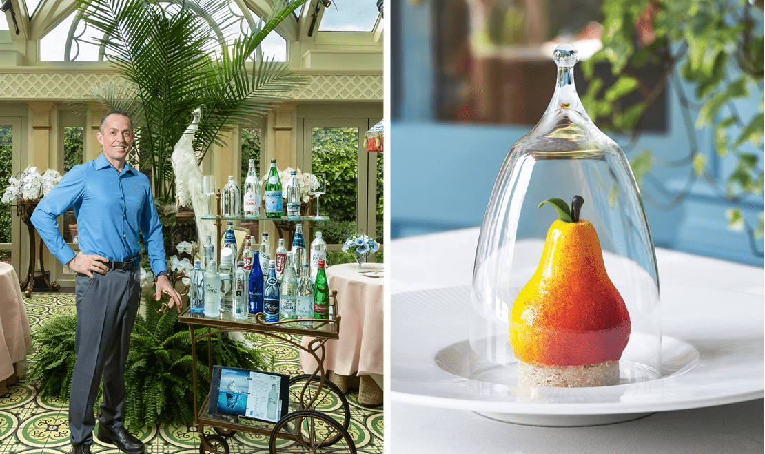 Left: Chef Patrick O'Connell standing next to a plethora of water options for tasting. Right: A fruity desert.
