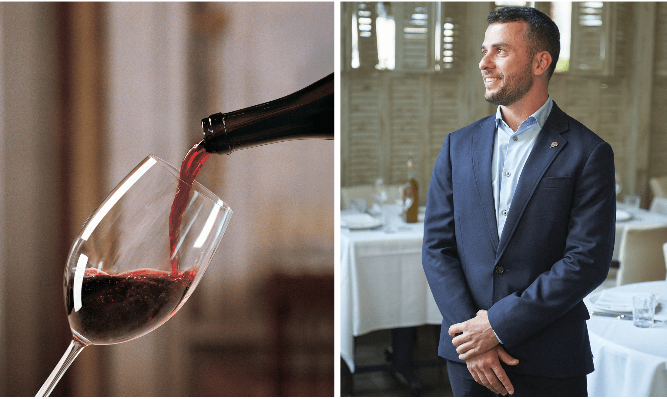 Left: a glass of red wine being poured. Right: a man in a suit smiling with his arms crossed.