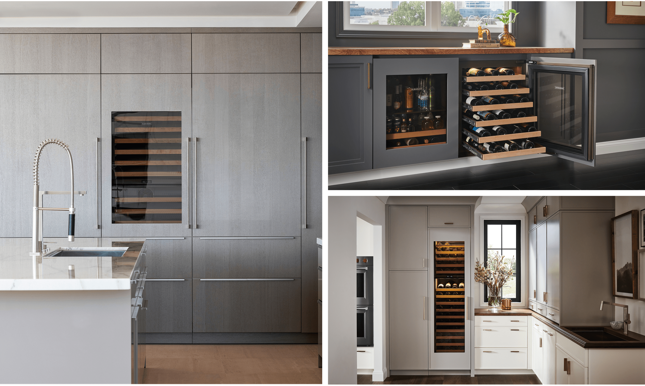 Left: a Classic Series full-size wine unit. Top Right: a Designer Series undercounter wine refrigerator. Bottom right: A full-size Designer Series wine storage unit