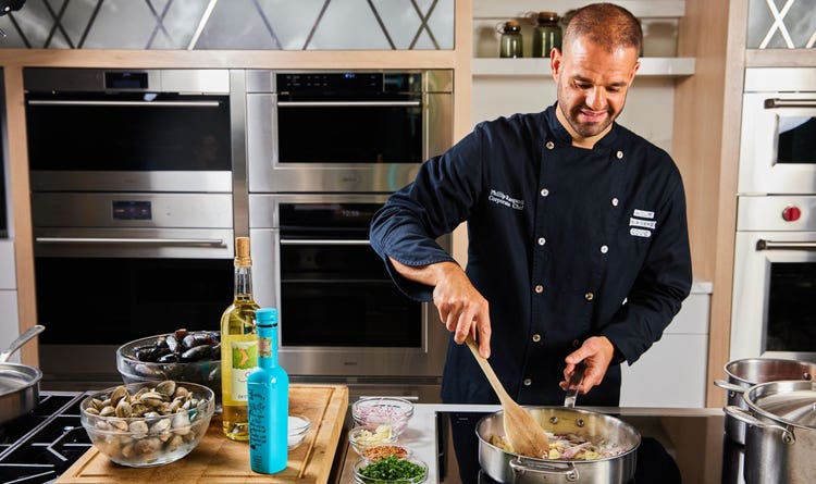 Chef Raspanti truly enjoys interacting with customers during demonstrations at the Sub-Zero, Wolf, and Cove showroom in Roslyn Heights, NY.