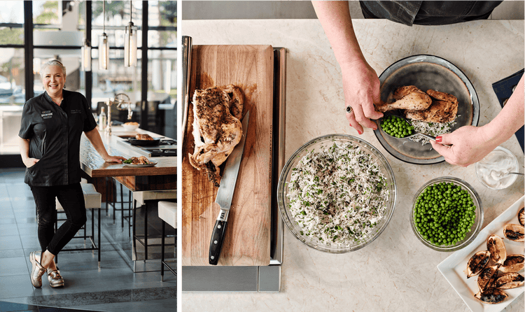 Sub-Zero, Wolf, and Cove Chef Molly Kruger preparing a roast chicken with herbed rice meal.