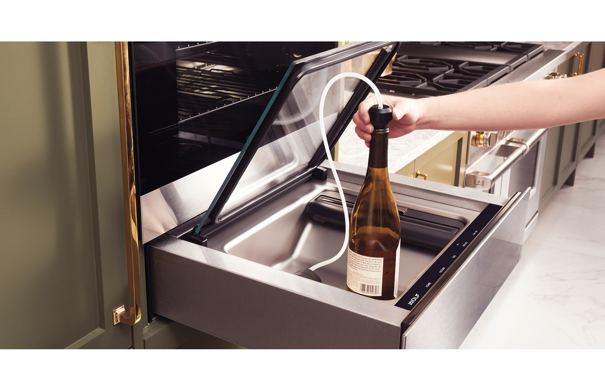 The Wolf Vacuum Seal Drawer can disguise itself as any other drawer in any room in your home. It's perfect for meal prepping.