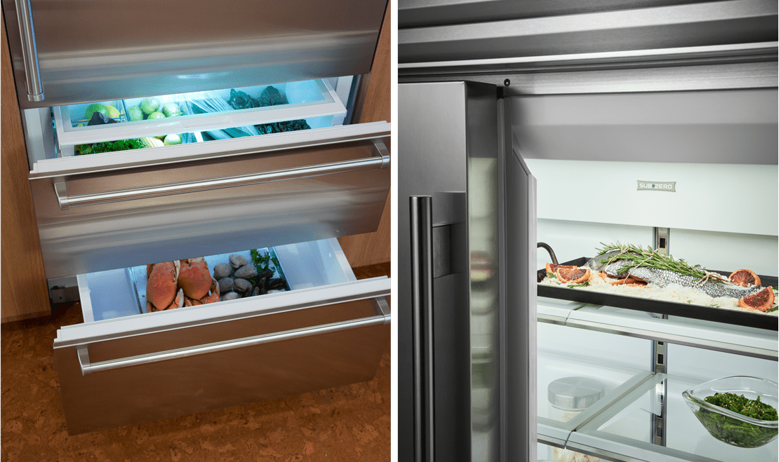 Sub-Zero refrigerators can be purchased in panel-ready and stainless steel with stainless steel accents on the interior.