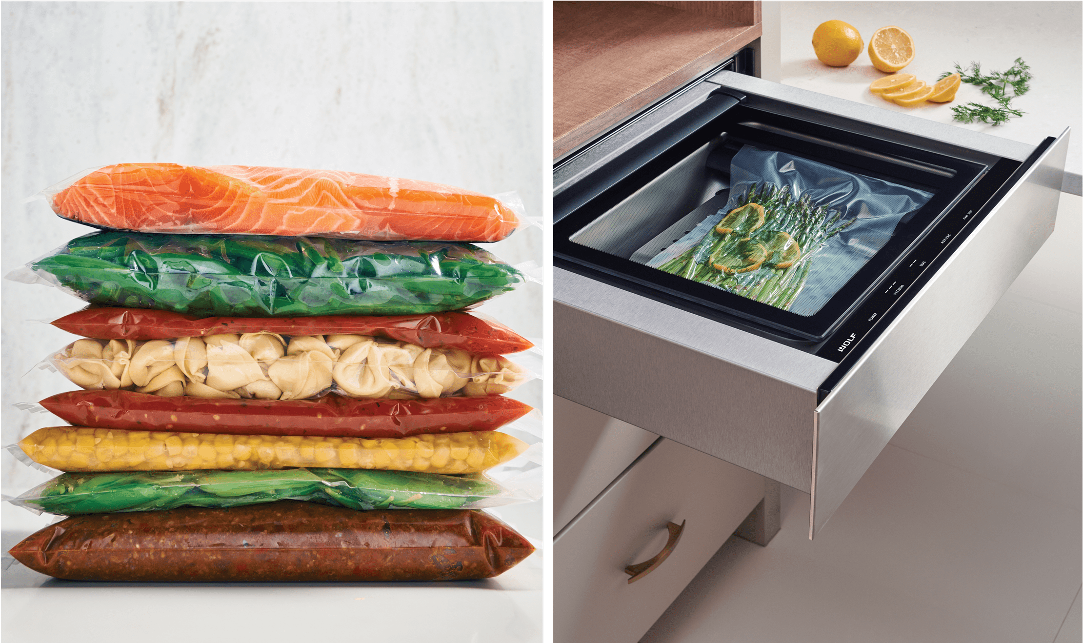 The Wolf Vacuum Seal Drawer makes meal prep easy. Perfect for planning ahead for those busy days or weeks.