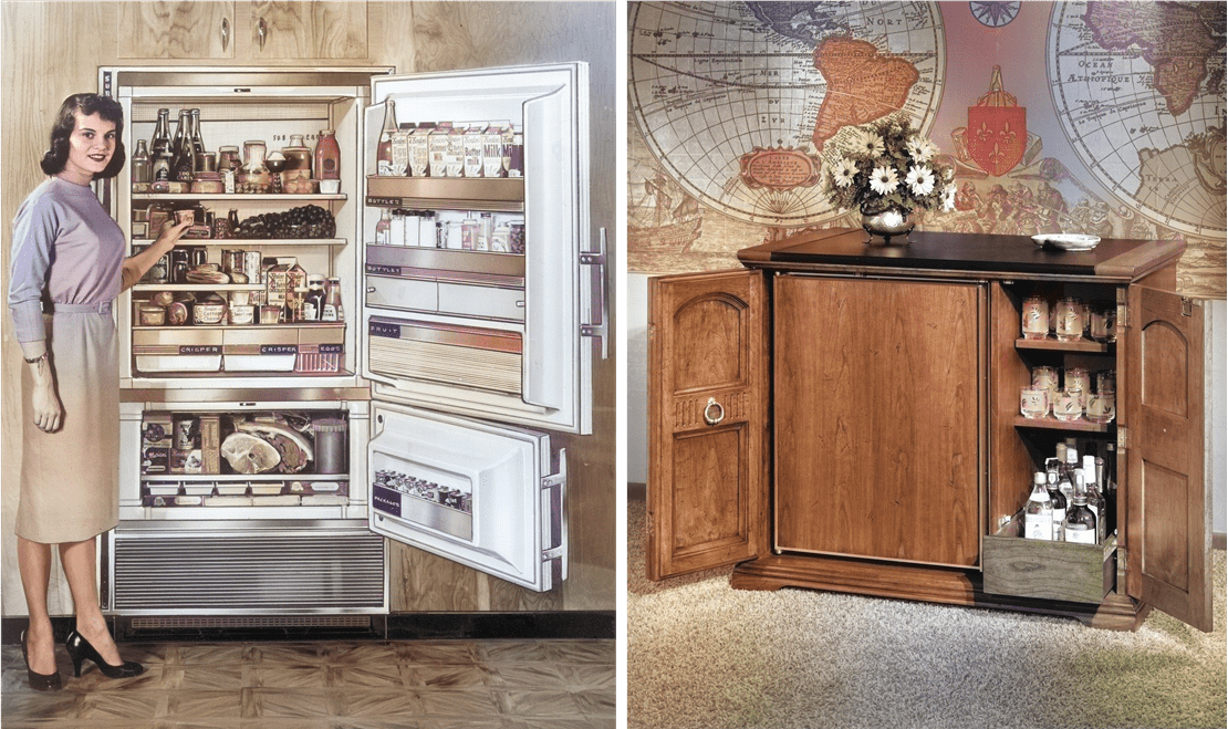 Left, a paneled undercounter refrigerator. Right, a retro marketing illustration of Sub-Zero dual refrigeration.