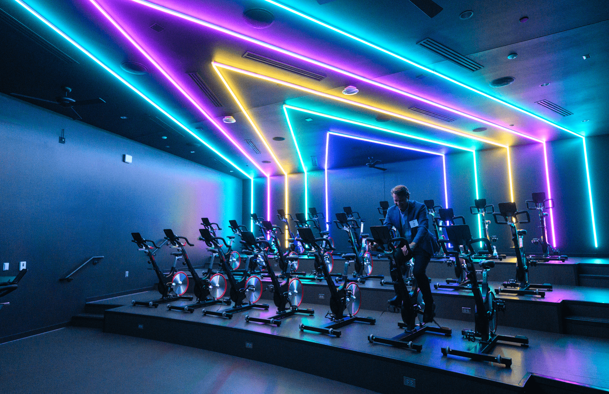 The Bakke Recreation & Wellness Center at the University of Wisconsin-Madison with their colorful cycling room.