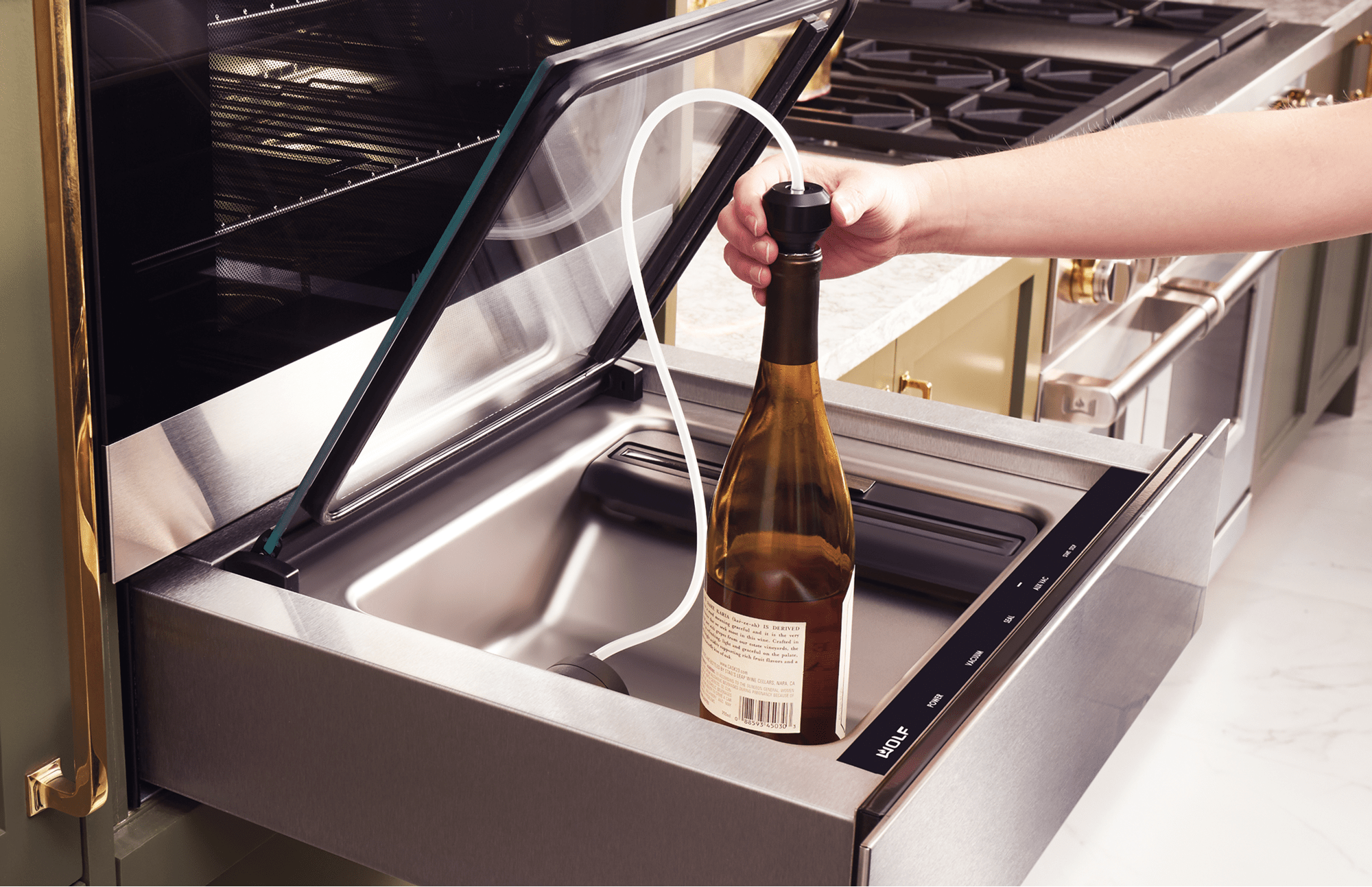 The Wolf Vacuum Seal Drawer can disguise itself as any other drawer in any room in your home. It's perfect for meal prepping.