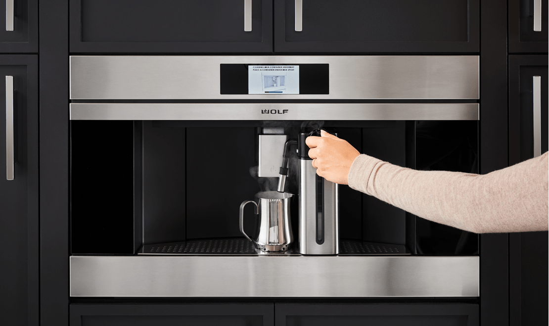 The new Wolf Built-In Coffee System has over 15 beverage options, a touch screen, and a professional-style grinder.