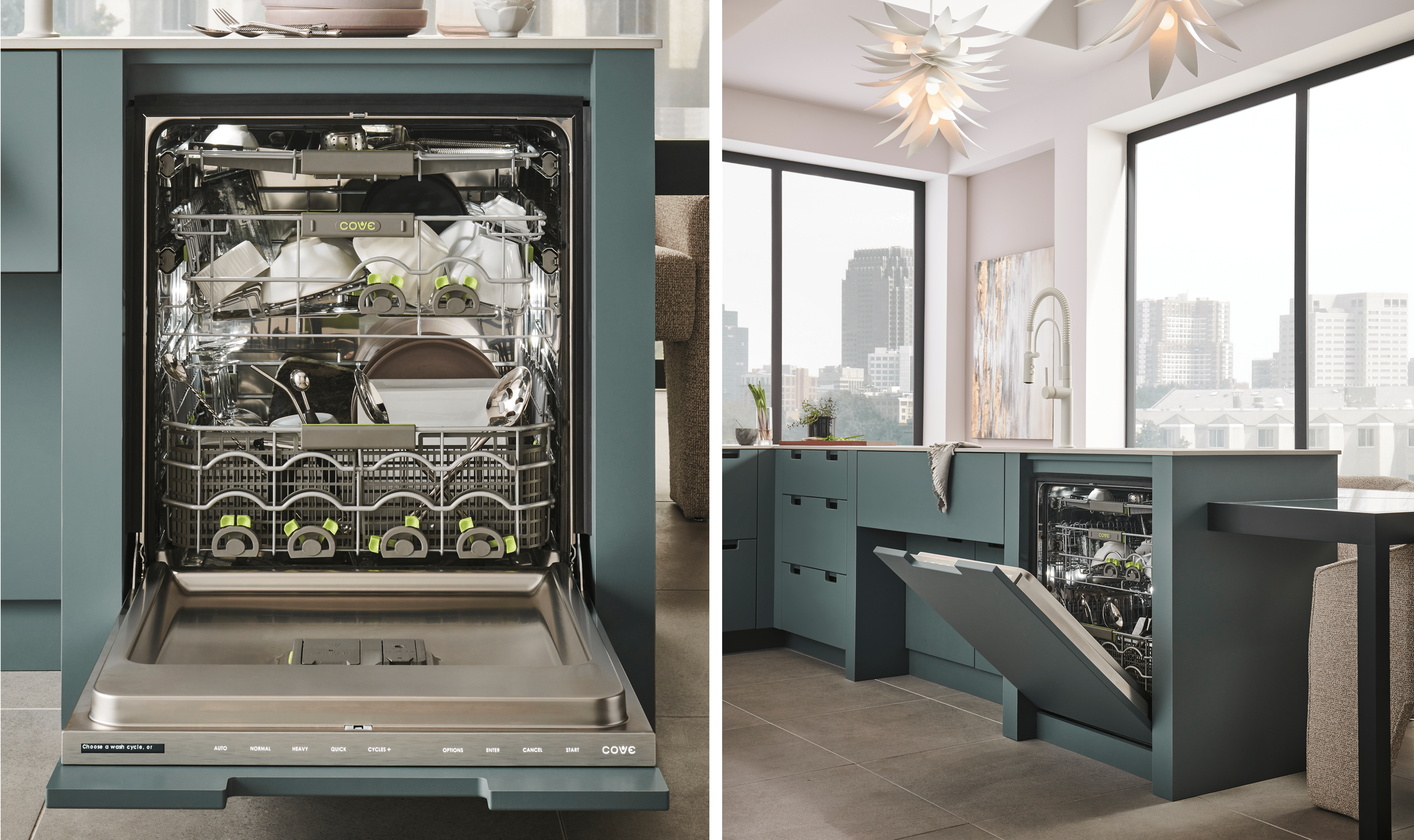 On the left, an interior image of a Cove dishwasher with dishes. On the right, a wide shot of the dishwasher in the kitchen.