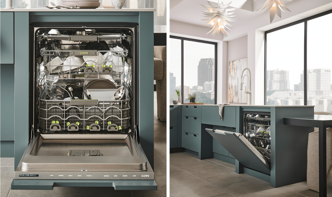 On the left, an interior image of a Cove dishwasher with dishes. On the right, a wide shot of the dishwasher in the kitchen.