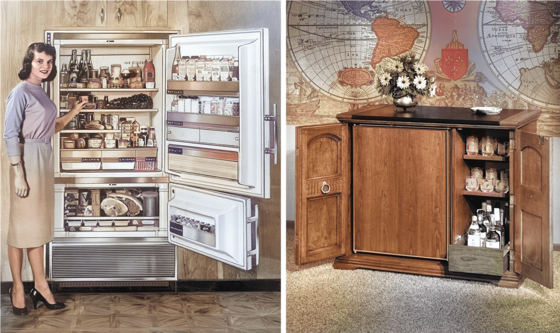 Left, a paneled undercounter refrigerator. Right, a retro marketing illustration of Sub-Zero dual refrigeration.