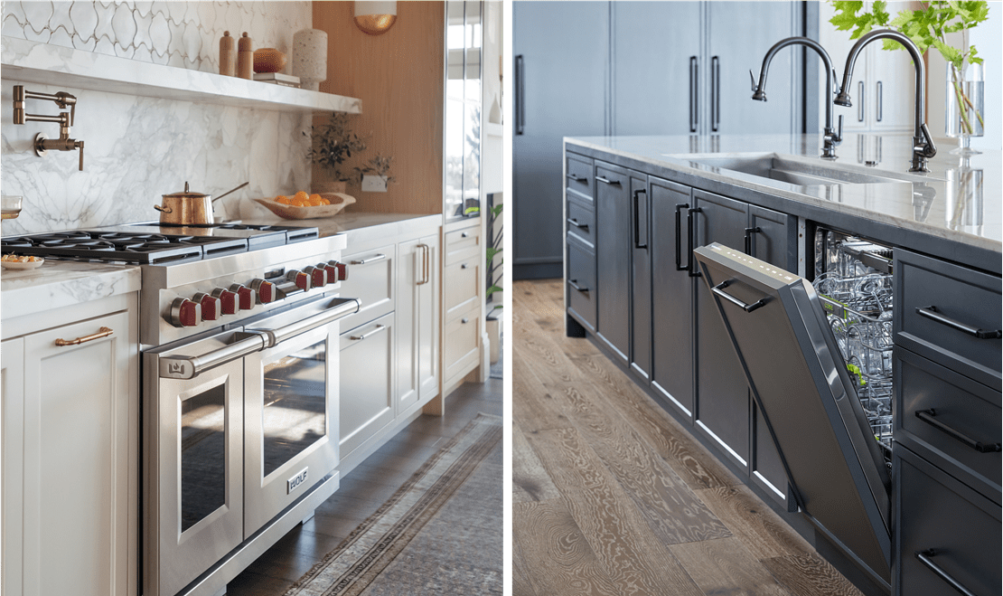 Pictured left is a Wolf Dual Fuel Range, pictured right is a Cove Dishwasher.