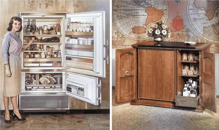 Left, a paneled undercounter refrigerator. Right, a retro marketing illustration of Sub-Zero dual refrigeration.