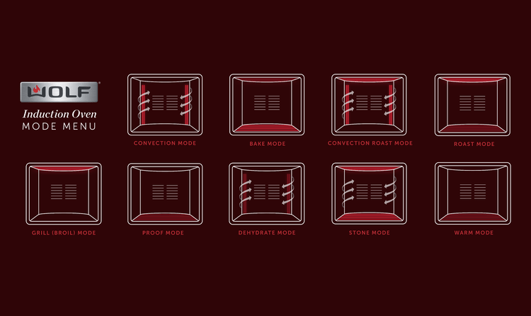 Wolf's Induction Range has many modes: convection, bake, convection roast, roast, grill, proof, dehydrate, stone, and warm.