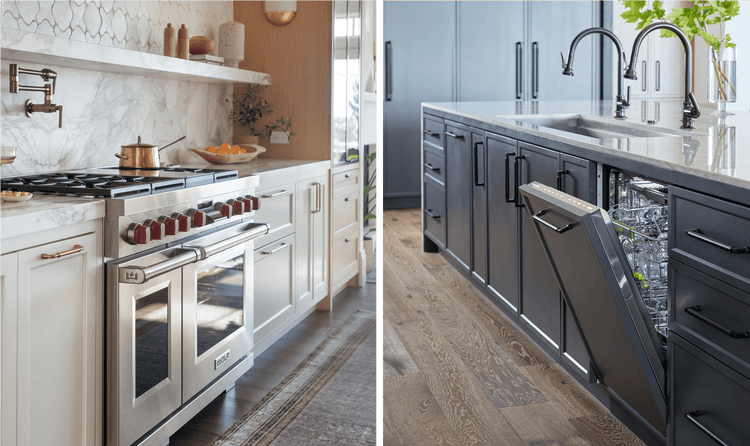 Pictured left is a Wolf Dual Fuel Range, pictured right is a Cove Dishwasher.