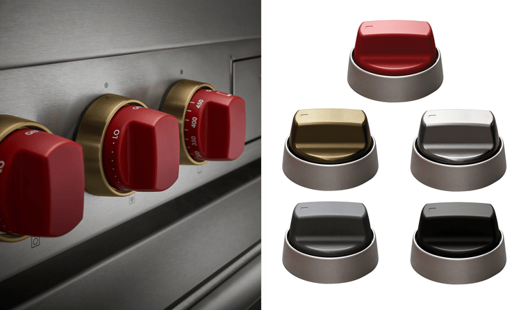 Knobs come in red, black, brushed stainless, gray and, brass. Bezels come in brushed stainless or brushed brass.