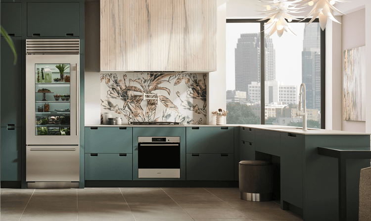 An exterior shot of a kitchen with Sub-Zero, Wolf, and Cove appliances highlighting a paneled Cove Diswasher.