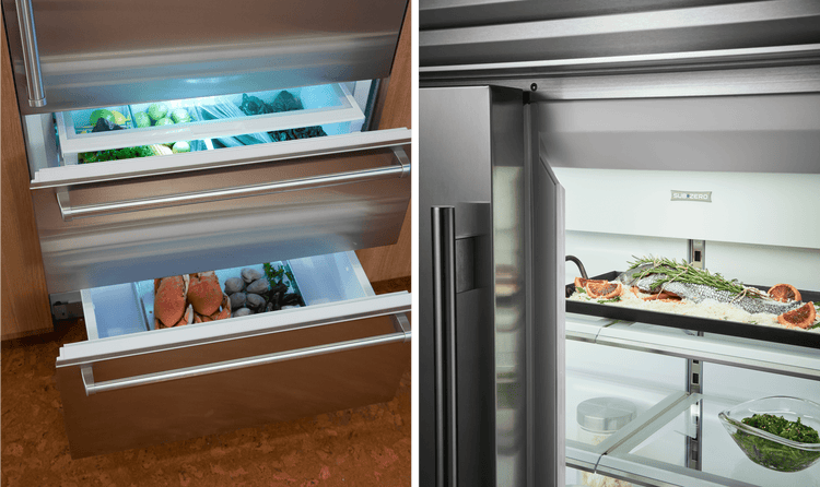 Sub-Zero refrigerators can be purchased in panel-ready and stainless steel with stainless steel accents on the interior.