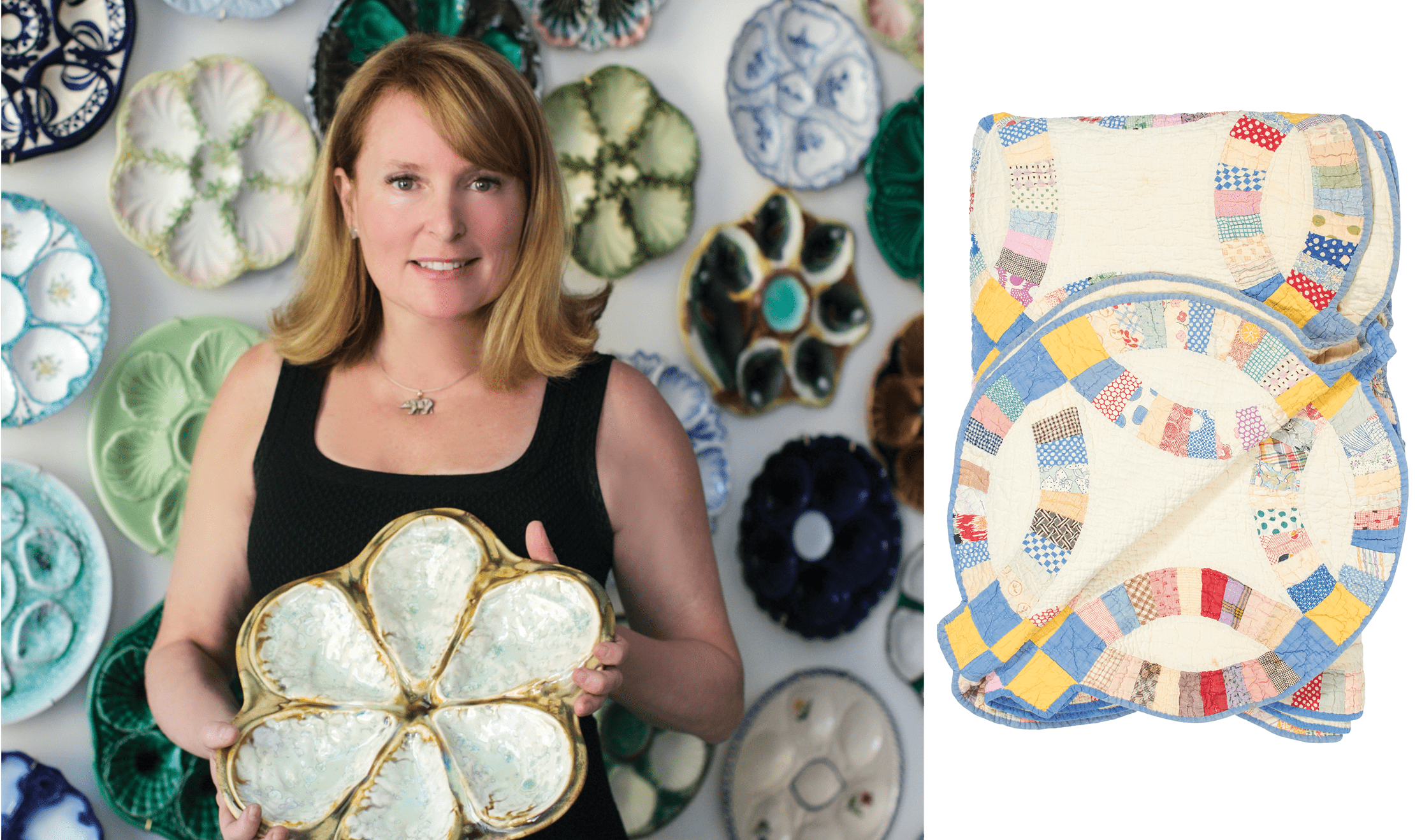 On the left, Dianne O'Connor holding a vintage oyster plate. On the right, a quilt her grandmother stitched.