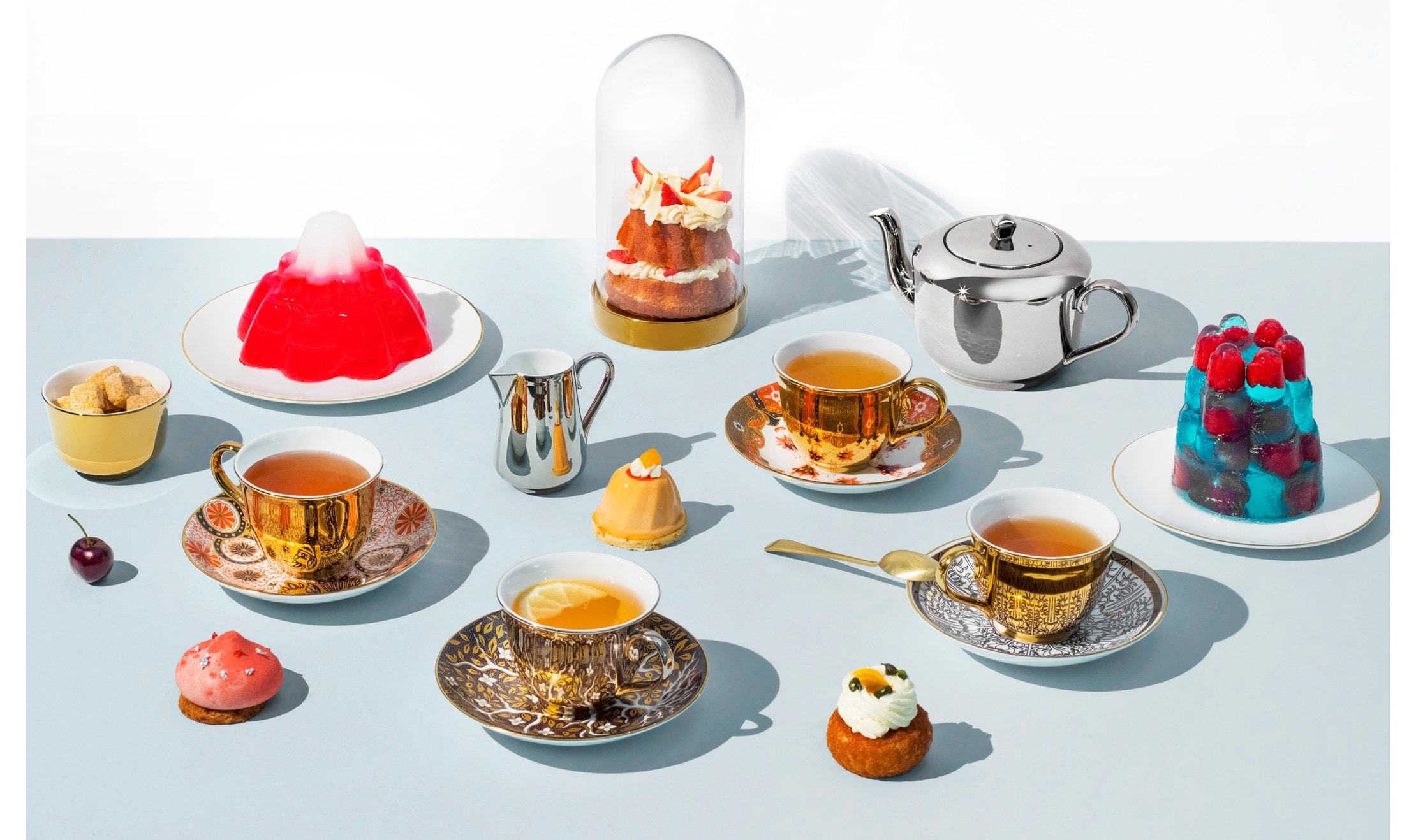Teacups and saucers from the studio’s recent collaboration with the Victoria & Albert Museum.