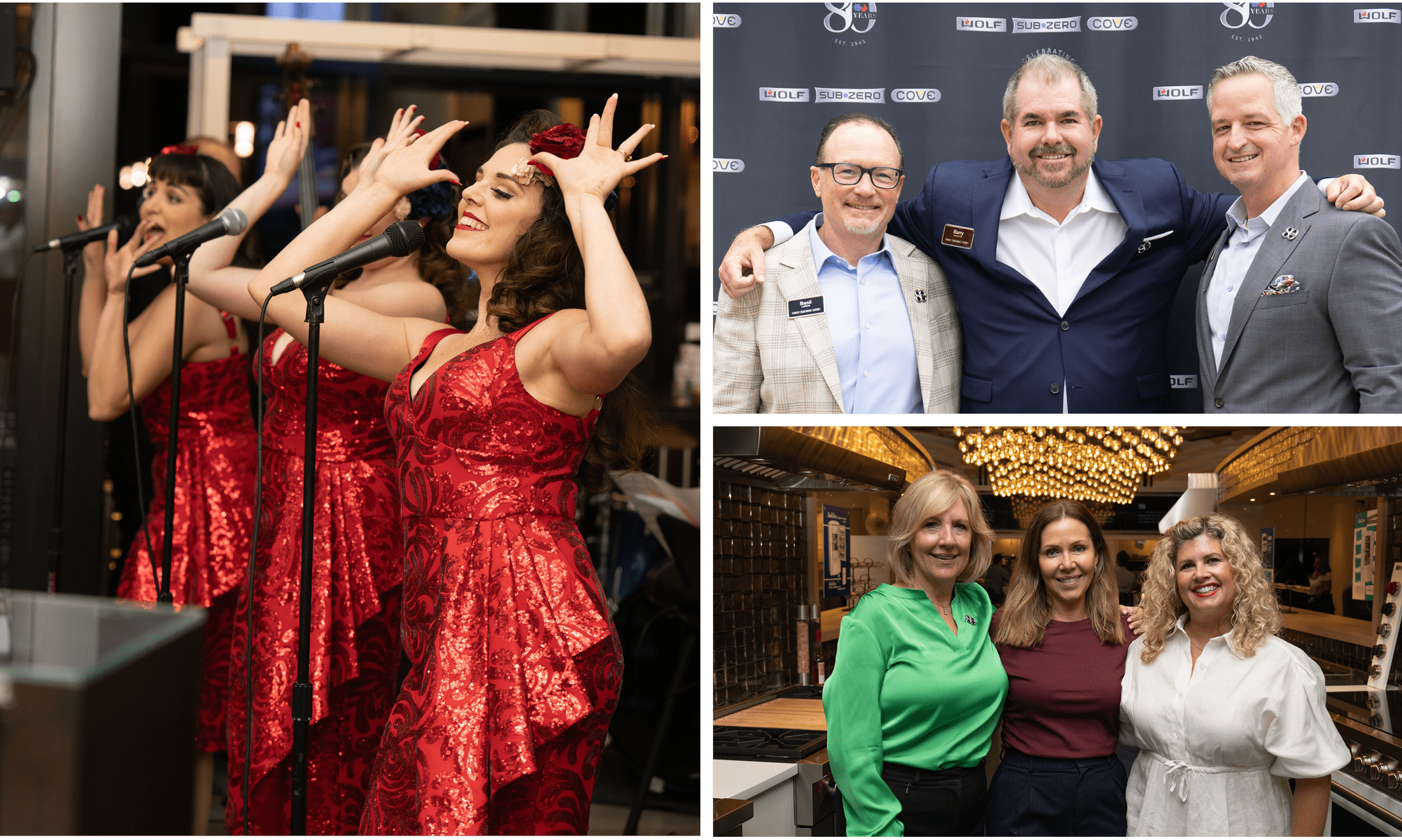 The Satin Dollz perform while patrons celebrate at the Sub-Zero, Wolf, and Cove showroom in Costa Mesa, California.