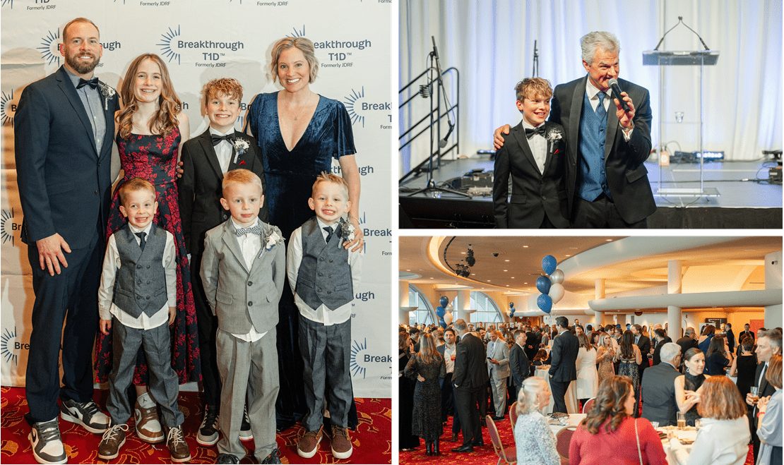 Left: Levi Adams with his family. Top right: Levi with the gala's auctioneer. Bottom right: a large gathering at the gala.