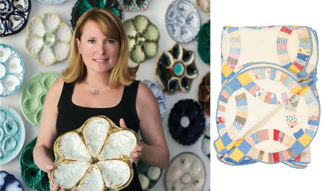 On the left, Dianne O'Connor holding a vintage oyster plate. On the right, a quilt her grandmother stitched.